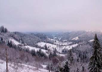 View from the top of the hill of the Ukrainian Carpathians to the settlement with houses covered with snow in winter