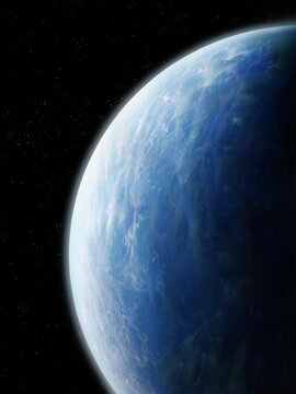 Close up of the planet Earth, view from space. Thick clouds over the surface of the blue planet. Photo from orbit.