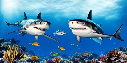 Obraz premium lustige Haifische unter Wasser - Generative AI