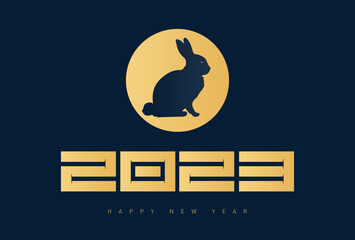 Calendar Cover or greeting card with silhouette of Rabbit in the moonlight and inscription Happy New Year 2023. Illustration.