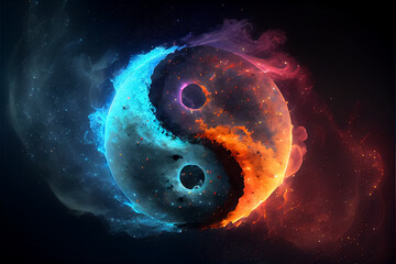 illustration of cosmic yin yang concept - tao symbol with rainbow glow. AI - obrazy, fototapety, plakaty