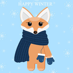 A little red fox in a blue knitted scarf with mittens on a string with falling snowflakes and inscription happy winter.