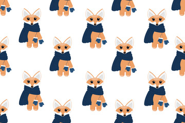 Obraz premium Seamless pattern with little red fox in a blue knitted scarf with mittens on a string. Wallpaper and bed linen print.