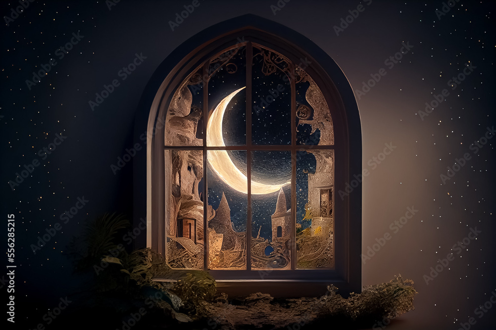 Wall mural illustration of amazing architecture window with night and crescent view