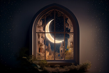 illustration of amazing architecture window with night and crescent view - obrazy, fototapety, plakaty