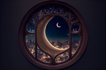 Fototapeta na wymiar illustration of amazing architecture window with night and crescent view