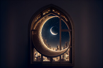 illustration of amazing architecture window with night and crescent view - obrazy, fototapety, plakaty