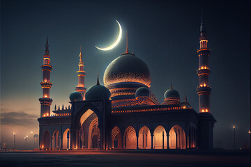 illustration of amazing architecture design of muslim mosque ramadan concept.AI.
