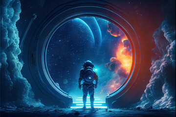 Obraz na płótnie Canvas illustration of astronaut working for space station in outer space portal.AI