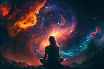 Fototapeta na wymiar illustration of woman in lotus position meditating in stars space milky way background.AI