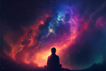illustration of woman in lotus position meditating in stars space milky way background.AI