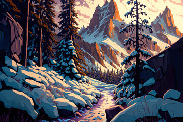 beautiful trail through snowy forest, snowy mountains landscape, art illustration