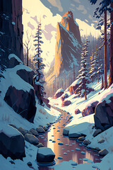 Fototapeta na wymiar beautiful trail through snowy forest, snowy mountains landscape, art illustration