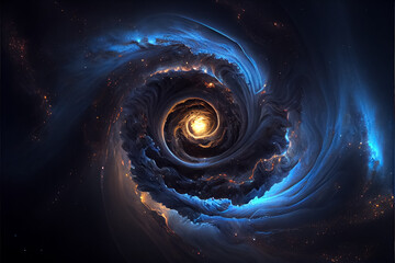 Blue and gold black glowing multidimensional portal illustration, AI