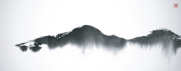 Ink wash painting of the sea wave on white background. Traditional oriental ink painting sumi-e, u-sin, go-hua. Simple minimalist style. Translation of hieroglyph - zen © elinacious