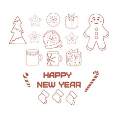 Collection of vector New Year's linear drawings. New Year, holiday, gifts. Lollipops.