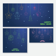 Vector collection of New Year cards with linear images.