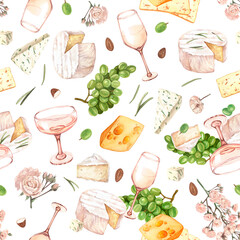 Watercolor seamless pattern wine, cheese, grape and flowers. Hand draw background with food objects. Concept for fabric print, label, banner, menu, flyer,textile, fabric or background.