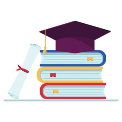 Big graduation hat on the books. Concept of education. Celebration ceremony in university, high school or college. Vector illustration.
