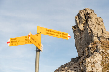 Hiking sign in the swiss alps in the Klausenpass area