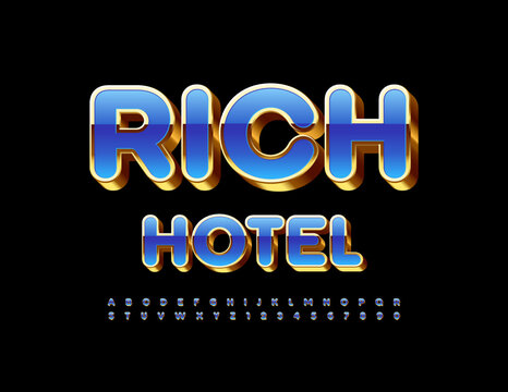 Vector chic logo Rich Hotel. Bright Artistic 3D Font. Modern Alphabet Letters, Numbers and Symbols.