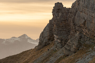 Majestic sunset scenery from the top of the Balmer Graetli region at the Klausenpass in Switzerland