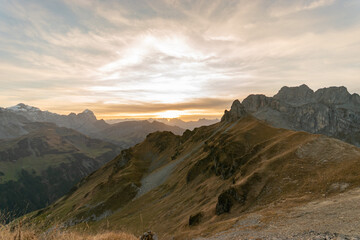 Majestic sunset scenery from the top of the Balmer Graetli region at the Klausenpass in Switzerland