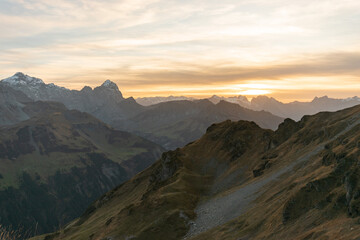 Majestic sunset scenery from the top of the Balmer Graetli region at the Klausenpass in Switzerland