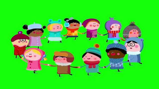 Children in winter clothes dancing in a circle isolated. Shadow version. They are holding their hands. Happy cartoon animation with many characters. Greenbox and alpha channel. Seamless loop.
