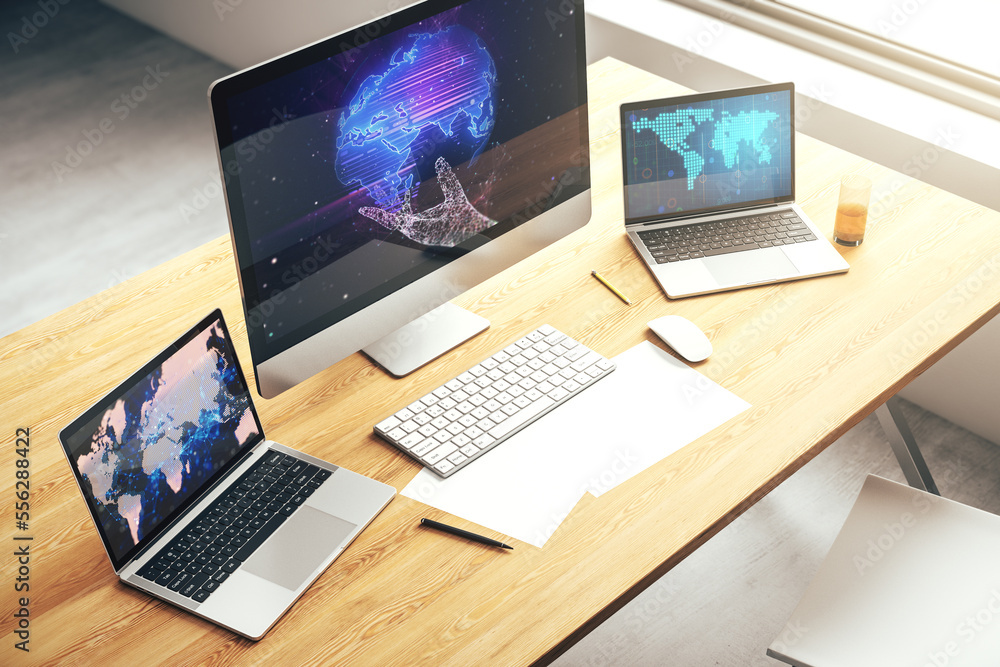Poster Abstract digital world map on modern computer monitor, big data and blockchain concept. 3D Rendering