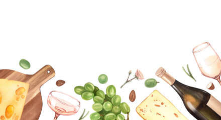 Watercolor wine and cheese template. Hand draw background with food objects. White wine bottle and glass, green grapes, cheese. Concept for wine list, label, banner, menu, flyer, brochure