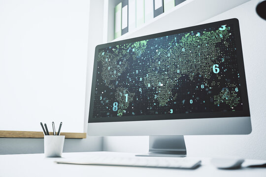 Modern computer screen with abstract creative coding sketch and world map, artificial intelligence and neural networks concept. 3D Rendering
