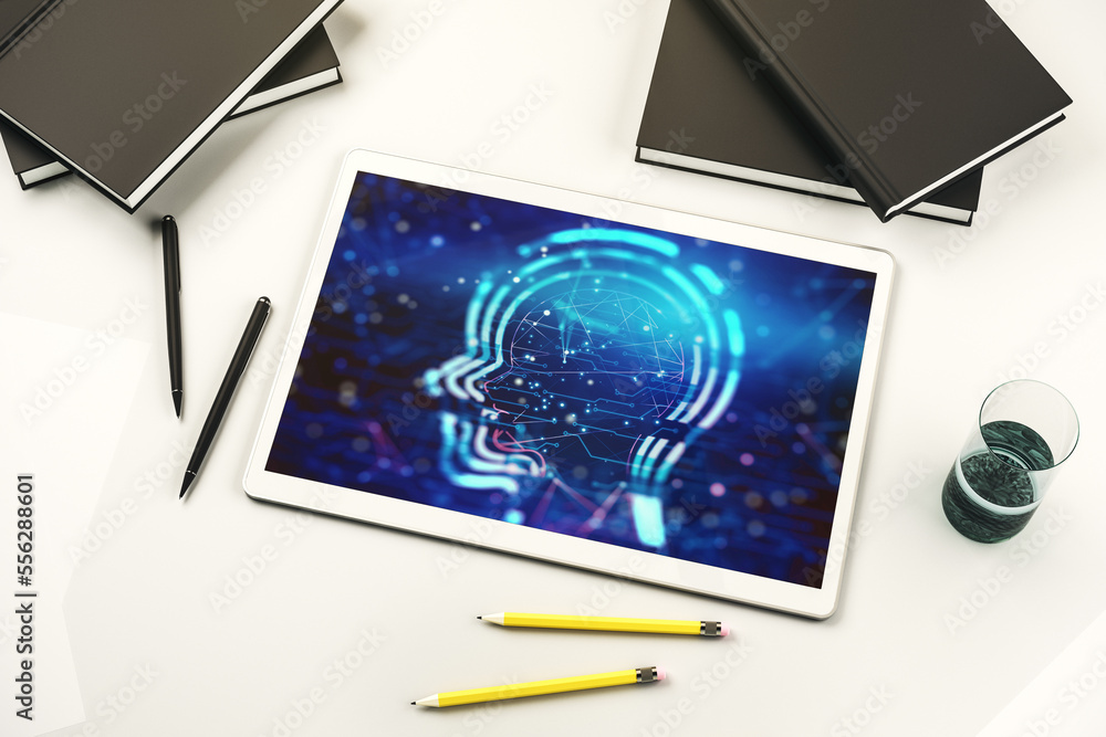 Poster creative artificial intelligence concept with human head sketch on modern digital tablet display. to