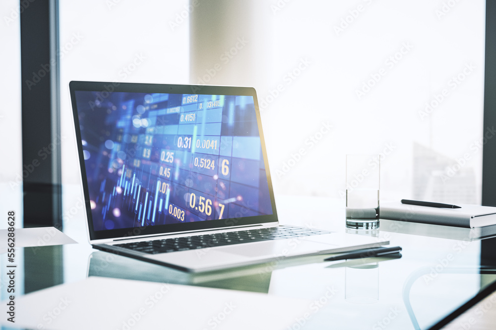 Poster modern computer display with abstract financial graph, financial and trading concept. 3d rendering
