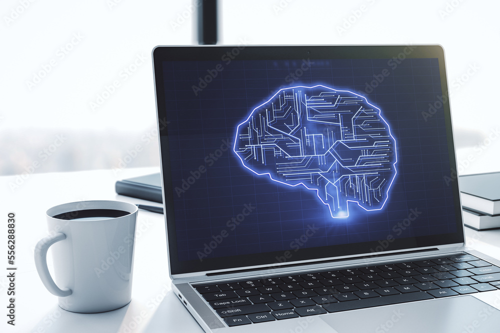 Poster creative artificial intelligence concept with human brain sketch on modern laptop monitor. 3d render