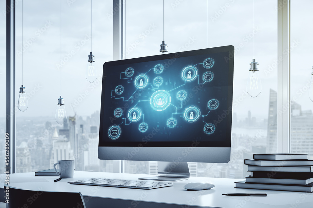 Poster Modern computer screen with social network media concept. 3D Rendering