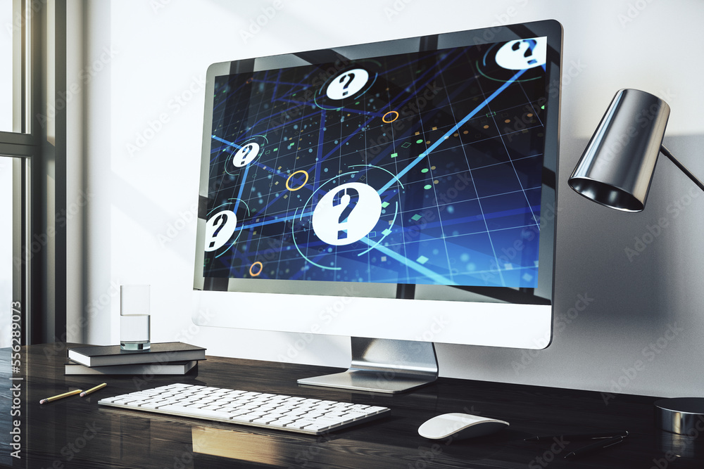 Aufkleber creative concept of question mark illustration on modern laptop screen. faq and search concept. 3d r