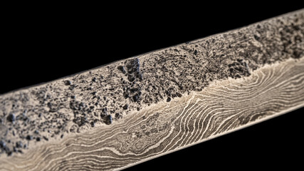 Damascus steel knives on black fpn. Kitchen utensils background with Japanese knife. A set of...