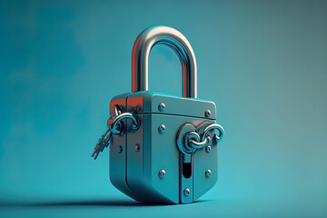 a padlock with a lock on it on a blue background. Generative AI - obrazy, fototapety, plakaty