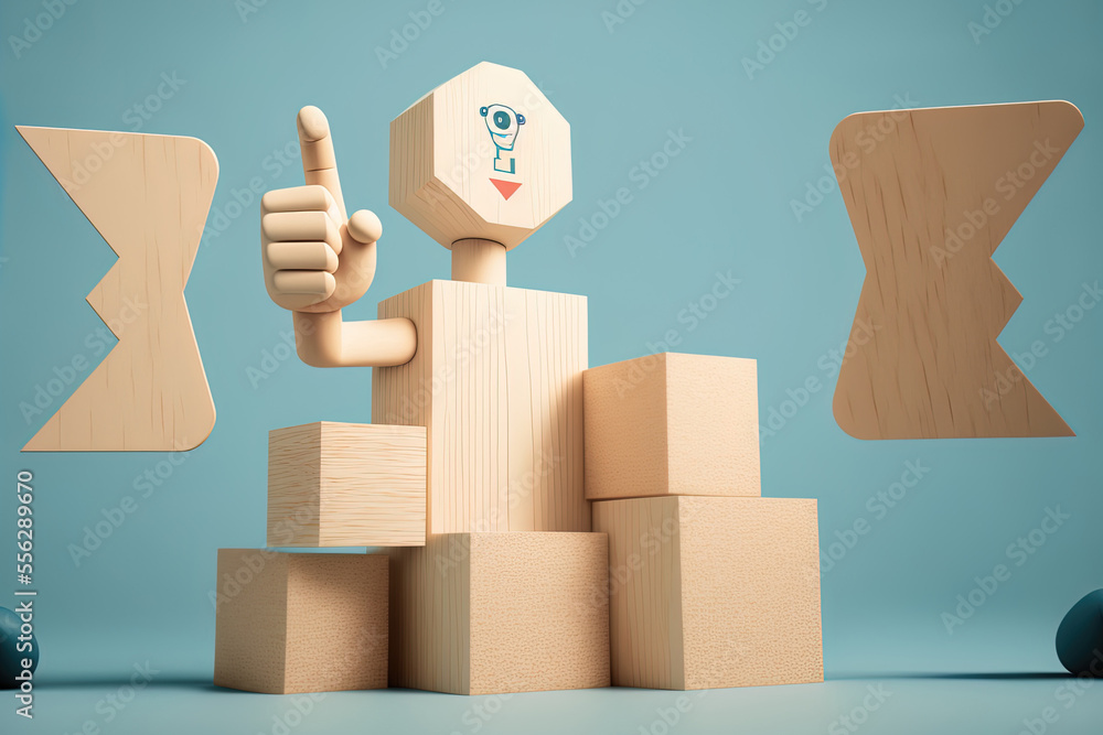 Poster man pointing with hand while illustrating data privacy. with a paper settings icon and wooden blocks