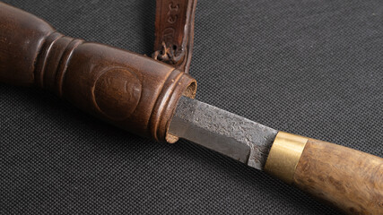 Damascus steel knives on black fpn. Kitchen utensils background with Japanese knife. A set of...