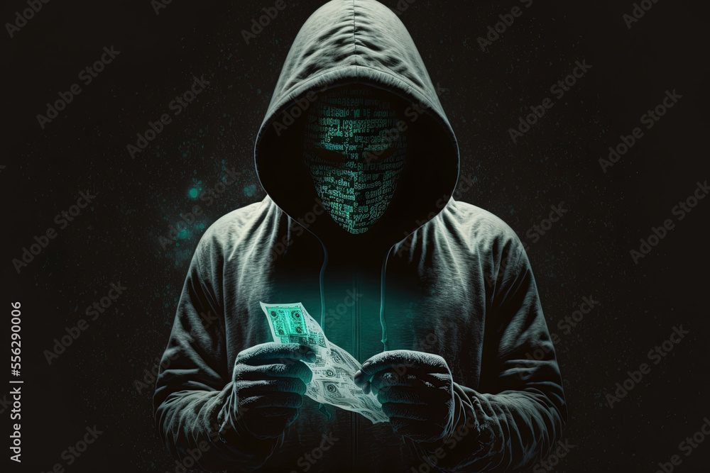 Poster dangerous anonymous hacker man wearing a hood making a stop sign while holding a bill. generative ai