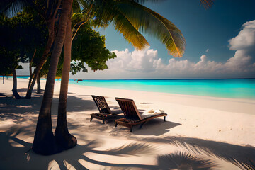 Maldives, tropical beach, Sun loungers