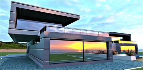 Gorgeous country house right on the beach. Reflection of a red sunset in a large panoramic window. A great banner for a magazine selling exotic real estate. 3d rendering..