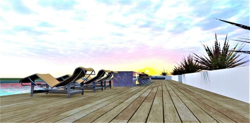 View from the terrace with a wooden deck at the rising sun. Cozy seating area with sun loungers near the pool. 3d rendering.