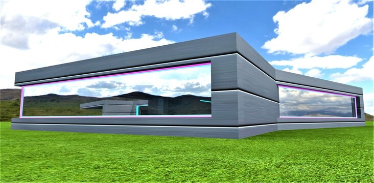 Country house of the future. Hermetic ventilated wall covering. Energy efficient smart panoramic windows. Nothing superfluous, only the sky and nature. 3d rendering.