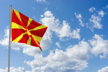 Republic of North Macedonia Flags Over Blue Sky Background. 3D Illustration