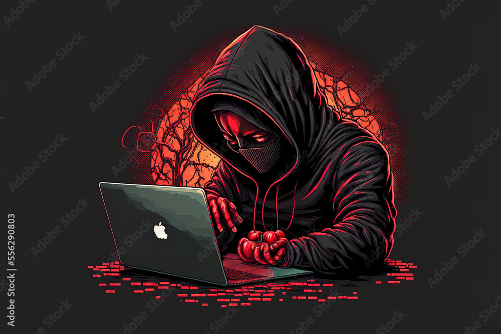 Aufkleber a hacker is using a laptop while nibbling off a red apple while wearing a black sweatshirt and hood.