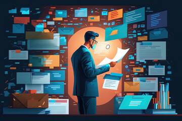A businessperson looking up and confirming the accuracy of document information using email to handle financial systems and client information. Generative AI