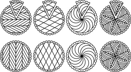 Galette des rois traditional french epiphany cake. Vector icon set with black outline from above with slice.